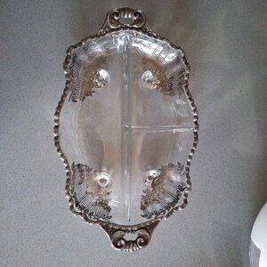 Vintage Silver Overlay Divided Glass Serving Dish with Ornate Handles